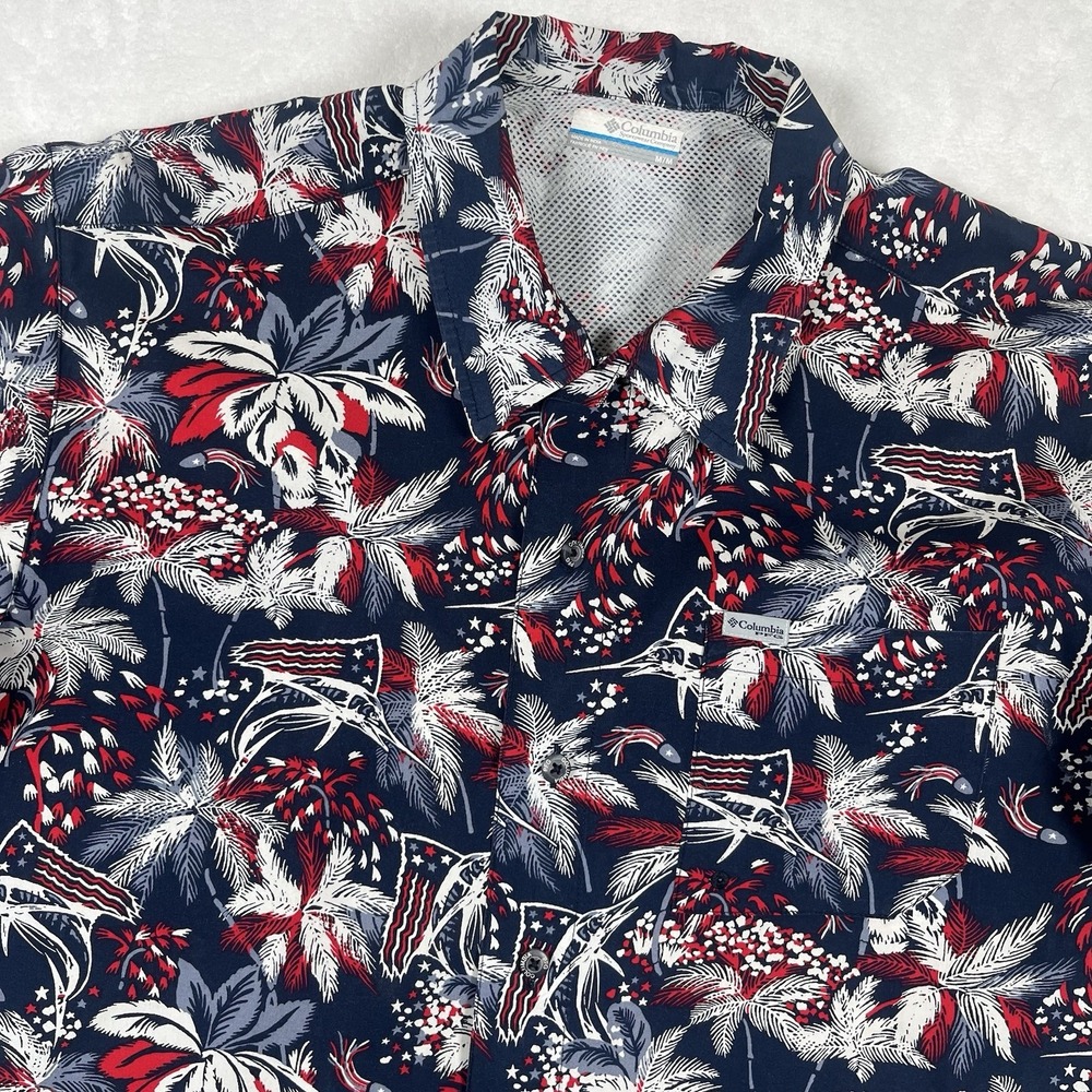 Columbia PFG Trollers Best Shirt Men M Navy Blue Patriotic Marlin Vented Fishing
